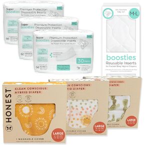 Honest Hybrid Cloth Diaper Cover + Super Boosties Disposable Inserts 90ct + Reusable Inserts, Large (22-40 lbs), Cotton Muslin Honest Covers Feature Pocket-Sling, Bonus Starter Kit