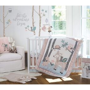 Levtex Baby - مجموعة سرير سرير Everly - مجموعة حضانة الأطفال - Aqua Blush Gray Teal - الغابات الغدائية والأصدقاء - مجموعة 5 قطع تشمل اللحاف ، ورقة مجهزة ، مكبّد حفاضات ، ملصق الجدار والتنورة/السرير/الغبار.