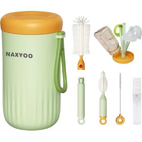 Travel Baby Bottle Brush Set with Build-in Drying Rack - Baby Essential Portable Silicone Bottle Cleaner Brush Kit for Bottle, Nipple, Straw Cleaning, for Home, Travel Use - Green, Small