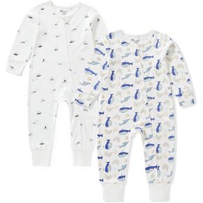 Organic Cotton Baby Footies, 0-24 Months Soft One Piece Footies, Zipper Cotton Bodysuit Long-Sleeve Rompers 2-Pack