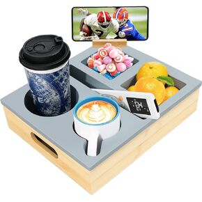 Couch Caddy - حامل كوب مع مقبض حمل ، حامل مشروب سيليكون ناعم ، صينية كوب سرير مقاومة للماء مع حامل هاتف قابل للدوار للشراب والوجبات الخفيفة والوقت (رمادي)