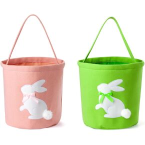 2 Pcs Embroidered Easter Basket with Handle for Egg Hunts, Easter Gifts, Holiday Basket, Easter Egg Collection, Gift Basket, Candy, Spring Decorations (Green and Blue)