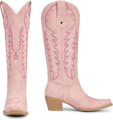 wetkiss Cowboy Boots for Women Knee High Cowgirl Boots Retro Embroidered Chunky Heels Pointed Toe Western Long Tall Boot Pull On in Kuwait