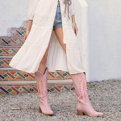 wetkiss Cowboy Boots for Women Knee High Cowgirl Boots Retro Embroidered Chunky Heels Pointed Toe Western Long Tall Boot Pull On in Kuwait