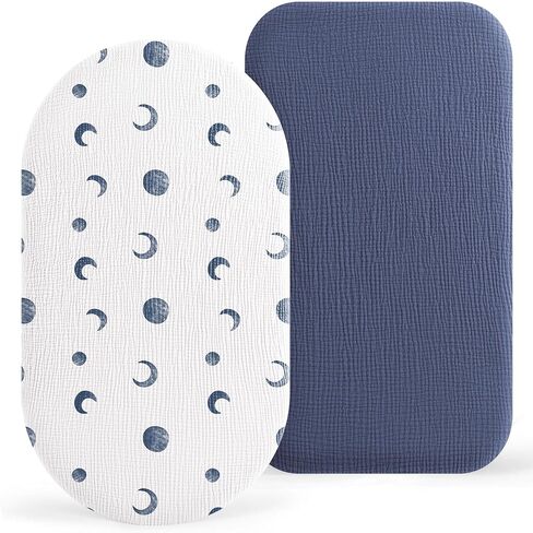 Bearmoss Bassinet Sheets - 2 Pack Muslin Cotton Bassinet Sheets Fits Oval and Rectangle Bassinet Mattress, Breathable and Skin-Friendly for Baby Boy and Girl (Blue Moon&Royal Blue) in Kuwait