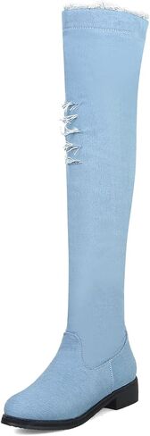 Womens Denim Thigh High Boots Flat Over The Knee Boots Side Zipper in Kuwait