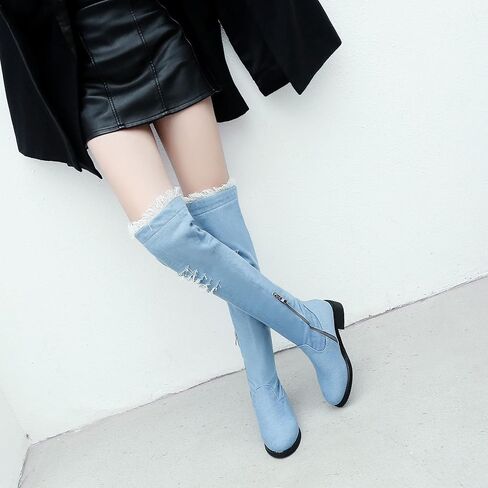 Womens Denim Thigh High Boots Flat Over The Knee Boots Side Zipper in Kuwait