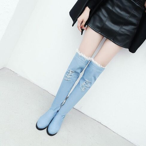 Womens Denim Thigh High Boots Flat Over The Knee Boots Side Zipper in Kuwait