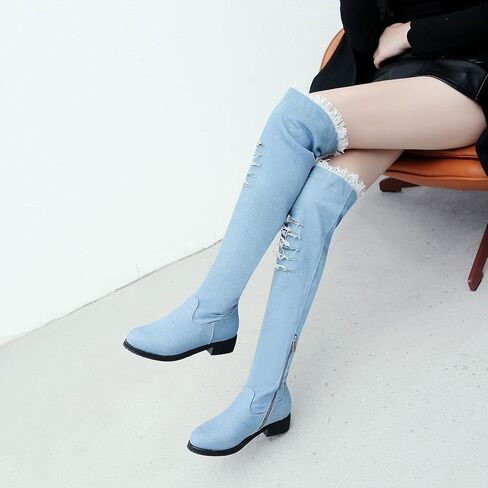 Womens Denim Thigh High Boots Flat Over The Knee Boots Side Zipper in Kuwait