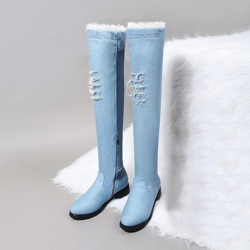 Womens Denim Thigh High Boots Flat Over The Knee Boots Side Zipper in Kuwait