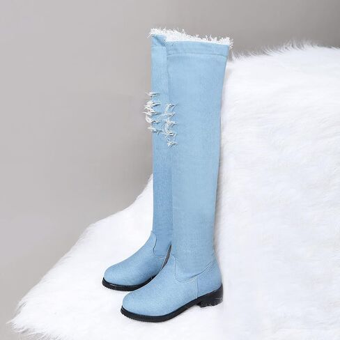 Womens Denim Thigh High Boots Flat Over The Knee Boots Side Zipper in Kuwait