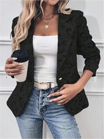 Floerns Women's Floral Jacquard Long Sleeve Blazers Open Front Work Suit Jackets in Kuwait