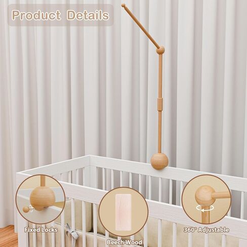 Crib Mobile Arm with Music Box,32.5 Inch Crib Mobile Stand,Wooden Mobile Arm for Crib (2 Modes,360°Adjustable,100% Beech Wood) Baby Crib Mobile for Boy and Girl in Saudi Arabia