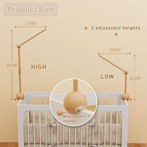 Crib Mobile Arm with Music Box,32.5 Inch Crib Mobile Stand,Wooden Mobile Arm for Crib (2 Modes,360°Adjustable,100% Beech Wood) Baby Crib Mobile for Boy and Girl in Saudi Arabia