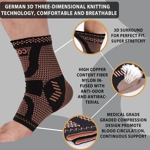 Copper Ankle Brace Socks Foot with Elastic Arch pads for Plantar Fasciitis Achilles Tendonitis Relief,for Heel Pain Relief,Arch Support for Sprained Ankle Compression Sleeve - Foot Support Foot Brace for Women & Men Daytime or Night Use in Kuwait