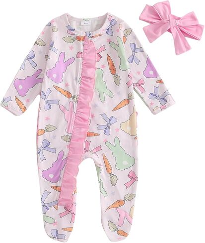 Easter Baby Girl Outfit Ruffle Bunny Print Footies Romper Jumpsuit Newborn Infant Baby Girl Easter Bunny Clothes in Saudi Arabia