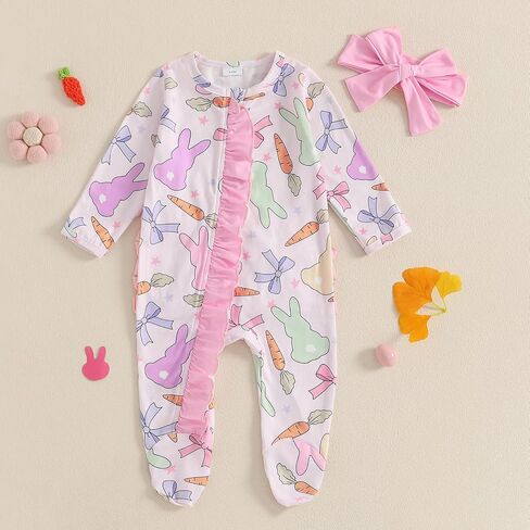 Easter Baby Girl Outfit Ruffle Bunny Print Footies Romper Jumpsuit Newborn Infant Baby Girl Easter Bunny Clothes in Saudi Arabia