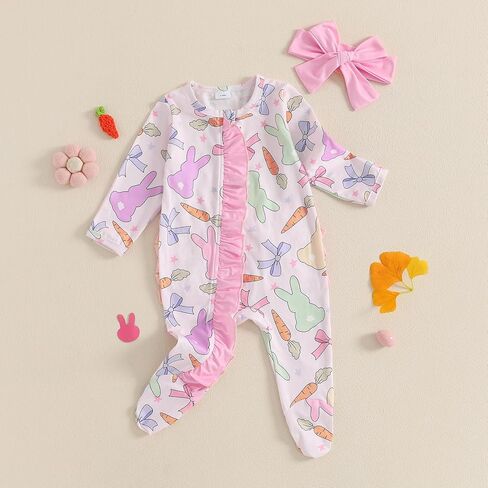Easter Baby Girl Outfit Ruffle Bunny Print Footies Romper Jumpsuit Newborn Infant Baby Girl Easter Bunny Clothes in Saudi Arabia