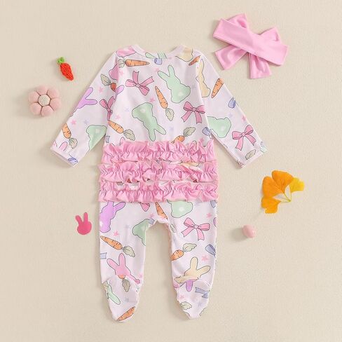 Easter Baby Girl Outfit Ruffle Bunny Print Footies Romper Jumpsuit Newborn Infant Baby Girl Easter Bunny Clothes in Saudi Arabia