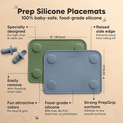 KeaBabies 2-Pack Silicone Placemats for Toddlers - Non Slip Suction Baby Silicone Placemat for Kids, Eating/Feeding, Easy to Clean, Busy Travel Baby Mat for Dining Table, Food Grade/BPA-Free (Slate) in Saudi Arabia