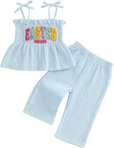 Toddler Infant Girl Easter Outfits Rabbit Print Tie-up Sleeveless Tops With Long Pants 2Pcs Summer Clothes Set in Kuwait