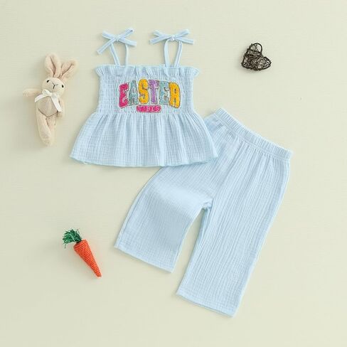 Toddler Infant Girl Easter Outfits Rabbit Print Tie-up Sleeveless Tops With Long Pants 2Pcs Summer Clothes Set in Kuwait
