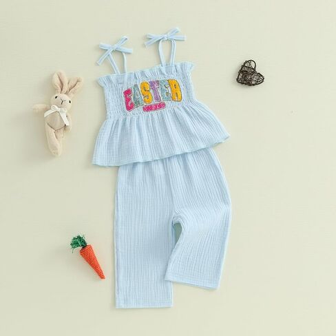 Toddler Infant Girl Easter Outfits Rabbit Print Tie-up Sleeveless Tops With Long Pants 2Pcs Summer Clothes Set in Kuwait