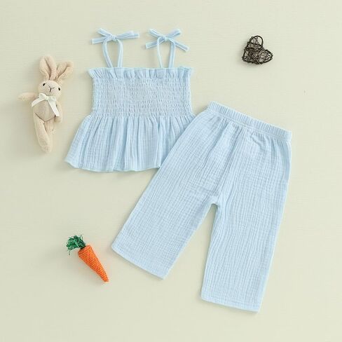 Toddler Infant Girl Easter Outfits Rabbit Print Tie-up Sleeveless Tops With Long Pants 2Pcs Summer Clothes Set in Kuwait