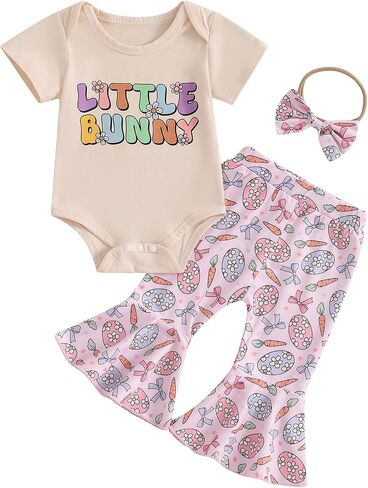 Easter Baby Girl Outfit Short Sleeve Letter Rabbit Print Romper Flare Pants Headband 3Pcs Clothes Set in Saudi Arabia
