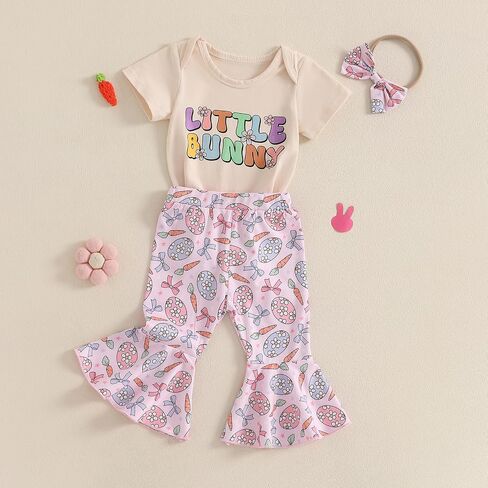 Easter Baby Girl Outfit Short Sleeve Letter Rabbit Print Romper Flare Pants Headband 3Pcs Clothes Set in Saudi Arabia