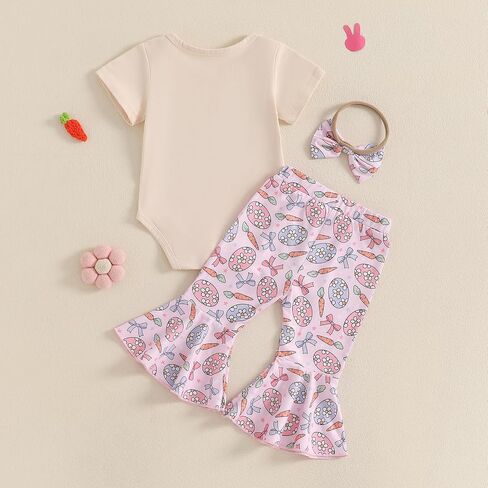 Easter Baby Girl Outfit Short Sleeve Letter Rabbit Print Romper Flare Pants Headband 3Pcs Clothes Set in Saudi Arabia