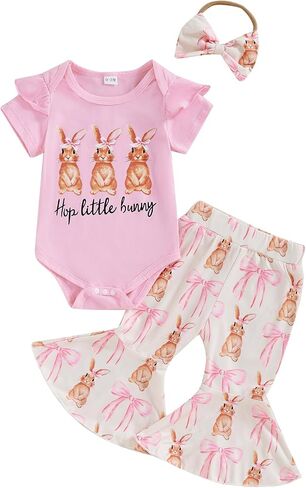 Easter Baby Girl Outfit Short Sleeve Letter Rabbit Print Romper Flare Pants Headband 3Pcs Clothes Set in Saudi Arabia
