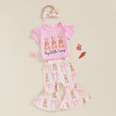 Easter Baby Girl Outfit Short Sleeve Letter Rabbit Print Romper Flare Pants Headband 3Pcs Clothes Set in Saudi Arabia