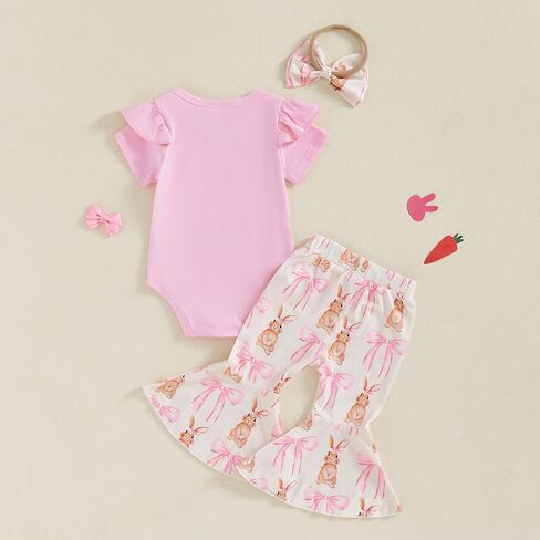 Easter Baby Girl Outfit Short Sleeve Letter Rabbit Print Romper Flare Pants Headband 3Pcs Clothes Set in Saudi Arabia
