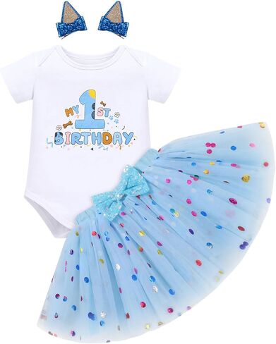 Imekis Baby Girl Half 1st 2nd عيد ميلاد الزي Romper Confetti Tutu Skirt Dog Cogs Clips Cake Smash Photo Shoot in Kuwait