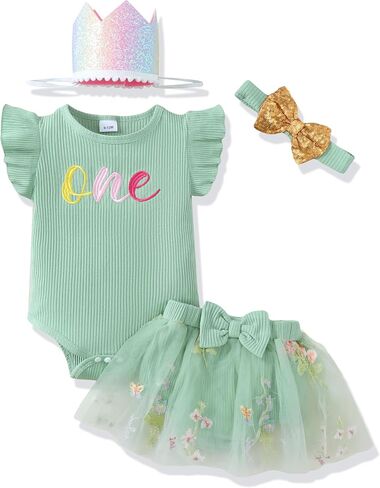Renotemy Baby Girl First Birthday Outfit 1 Year Old Girl Romper+Tulle Dress Skirt Set Gifts Cake Smash Photo Shoot with Hat in Saudi Arabia