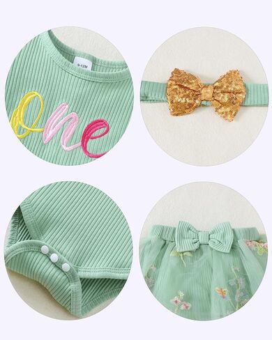 Renotemy Baby Girl First Birthday Outfit 1 Year Old Girl Romper+Tulle Dress Skirt Set Gifts Cake Smash Photo Shoot with Hat in Saudi Arabia