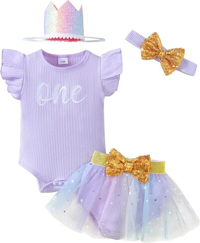Renotemy Baby Girl First Birthday Outfit 1 Year Old Girl Romper+Tulle Dress Skirt Set Gifts Cake Smash Photo Shoot with Hat in Saudi Arabia
