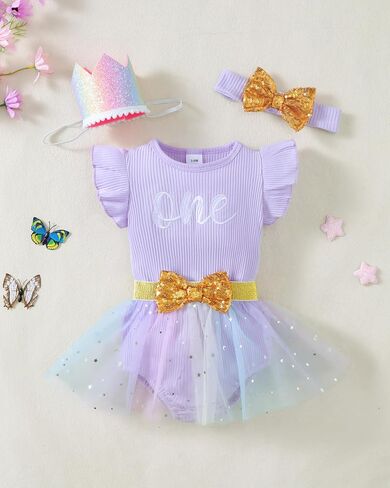 Renotemy Baby Girl First Birthday Outfit 1 Year Old Girl Romper+Tulle Dress Skirt Set Gifts Cake Smash Photo Shoot with Hat in Saudi Arabia