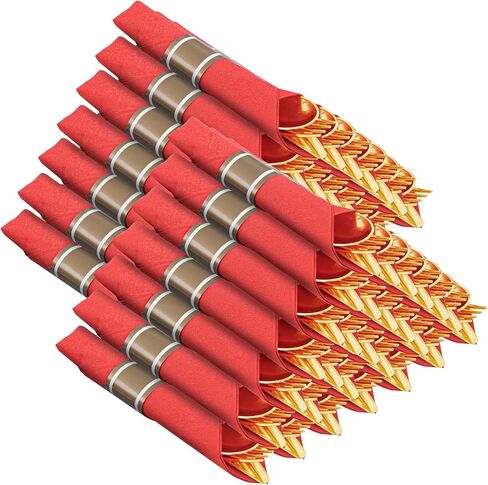 Nervure 400PCS Pre Rolled Gold Plastic Silverware Sets - Heavy Duty Fancy Gold Cutlery - Include 100 Pack Wrapped Disposable Utensils with Napkins for Parties, Dinners & Weddings in Kuwait