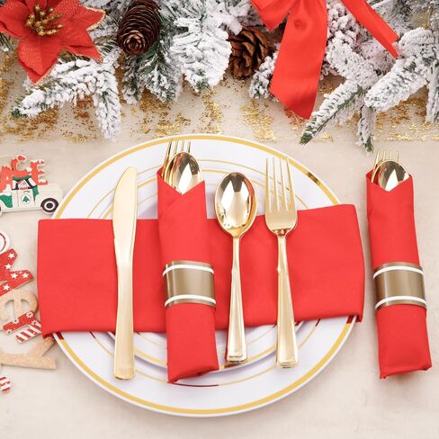 Nervure 400PCS Pre Rolled Gold Plastic Silverware Sets - Heavy Duty Fancy Gold Cutlery - Include 100 Pack Wrapped Disposable Utensils with Napkins for Parties, Dinners & Weddings in Kuwait