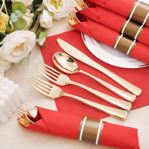 Nervure 400PCS Pre Rolled Gold Plastic Silverware Sets - Heavy Duty Fancy Gold Cutlery - Include 100 Pack Wrapped Disposable Utensils with Napkins for Parties, Dinners & Weddings in Kuwait