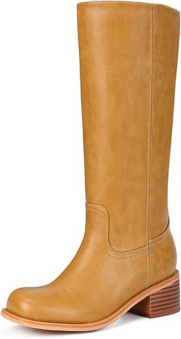 Mid Calf Boots for Women - Banana Square Toe Chunky Block Heel Calf High Boots, Comfortable Low Heel Pull On Spring Fall, Fashion Style for Dating, Dressy Everyday Chic in Saudi Arabia