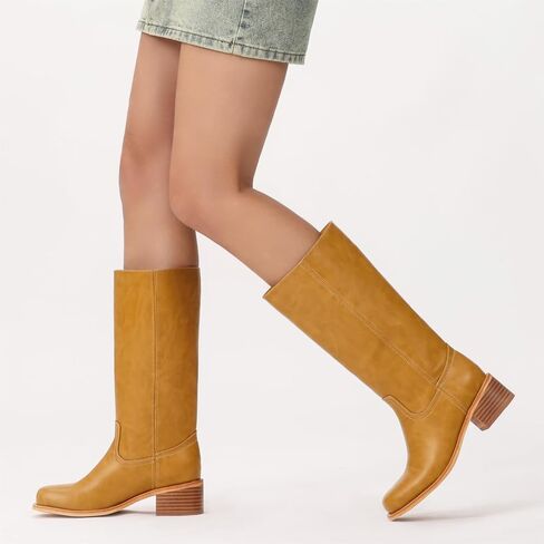 Mid Calf Boots for Women - Banana Square Toe Chunky Block Heel Calf High Boots, Comfortable Low Heel Pull On Spring Fall, Fashion Style for Dating, Dressy Everyday Chic in Saudi Arabia