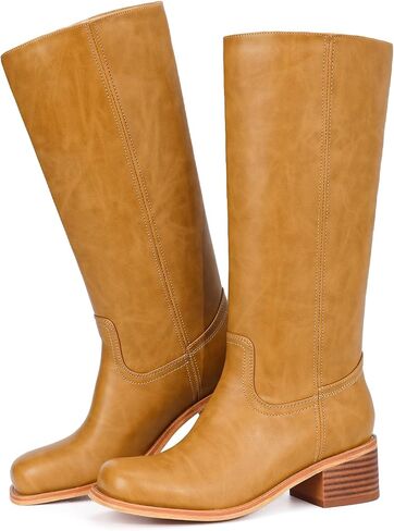 Mid Calf Boots for Women - Banana Square Toe Chunky Block Heel Calf High Boots, Comfortable Low Heel Pull On Spring Fall, Fashion Style for Dating, Dressy Everyday Chic in Saudi Arabia