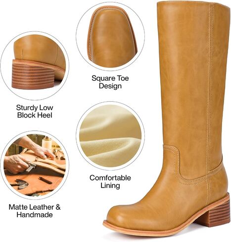 Mid Calf Boots for Women - Banana Square Toe Chunky Block Heel Calf High Boots, Comfortable Low Heel Pull On Spring Fall, Fashion Style for Dating, Dressy Everyday Chic in Saudi Arabia