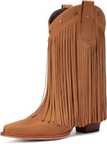 حذاء رعاة البقر Fringe for Women - أحذية رعاة البقر في منتصف العجل مع Star مرصعة ، وأصابع القدم المدببة وكعب مكتنزة ، مثالية لمهرجانات الموسيقى الريفية in Kuwait