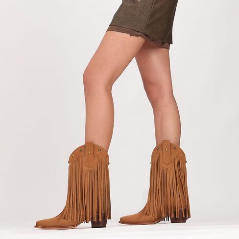 حذاء رعاة البقر Fringe for Women - أحذية رعاة البقر في منتصف العجل مع Star مرصعة ، وأصابع القدم المدببة وكعب مكتنزة ، مثالية لمهرجانات الموسيقى الريفية in Kuwait