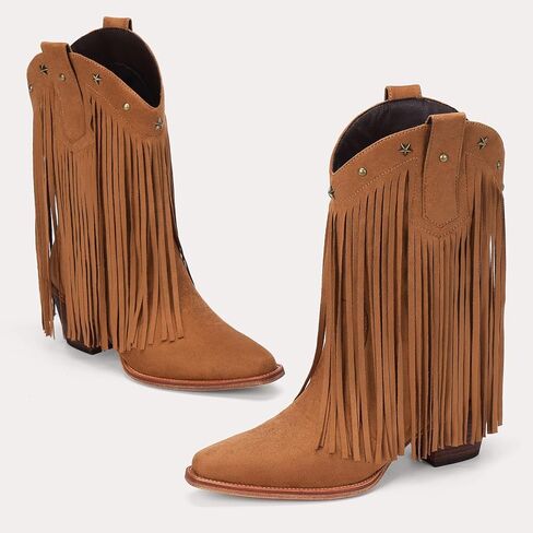 حذاء رعاة البقر Fringe for Women - أحذية رعاة البقر في منتصف العجل مع Star مرصعة ، وأصابع القدم المدببة وكعب مكتنزة ، مثالية لمهرجانات الموسيقى الريفية in Kuwait