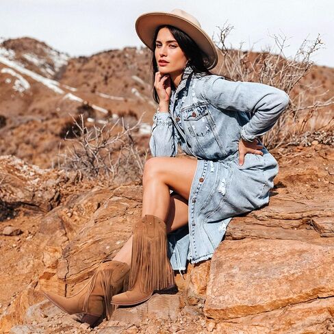 حذاء رعاة البقر Fringe for Women - أحذية رعاة البقر في منتصف العجل مع Star مرصعة ، وأصابع القدم المدببة وكعب مكتنزة ، مثالية لمهرجانات الموسيقى الريفية in Kuwait